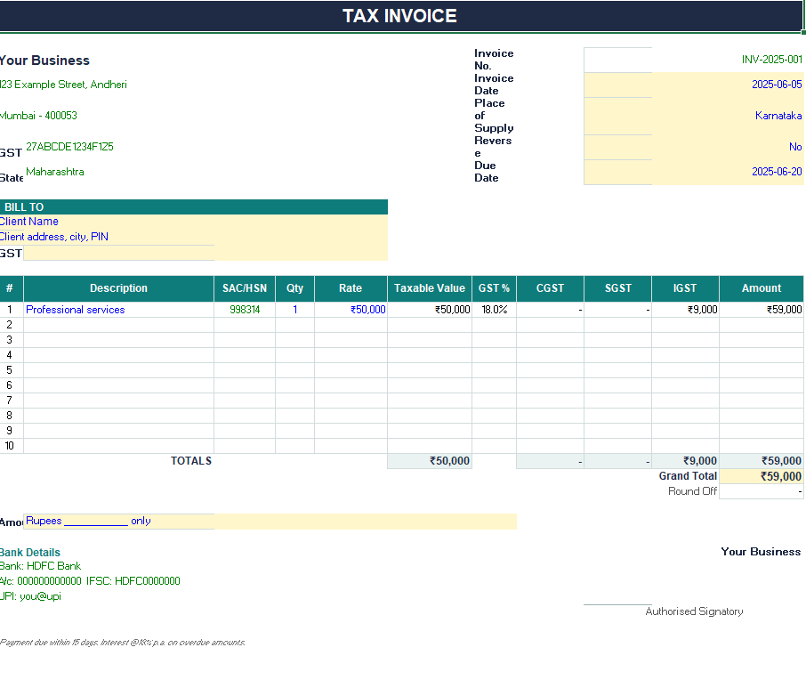 GST Invoice & Compliance Pack — Print-Ready Invoice + Filing Tracker (FY 2025-26) — 2