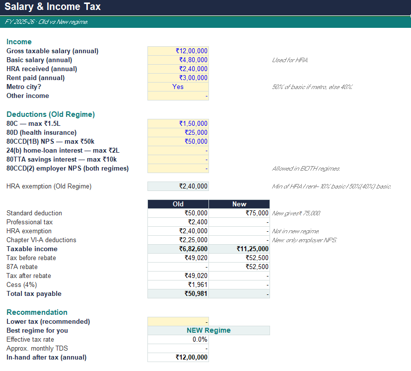 Personal Finance & Tax Planner for Salaried India (FY 2025-26) — 2