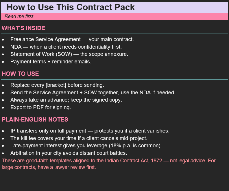 Freelancer Client Contract Pack — Agreement, NDA, SOW (India) — image 1